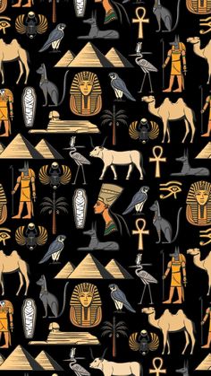 an image of egyptian art with animals and symbols on black background, seamless pattern