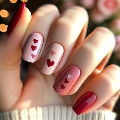 valentines nails with hearts Love Heart Gel Nails, Heart Nail Designs Acrylic, Valentines Nails With Hearts, Drawing Hearts On Nails, Painting Hearts On Nails, Elegant Valentines Nails, Feb Nails Valentines Day, Pink Nails Hearts Valentines Day, Purple Heart Nails