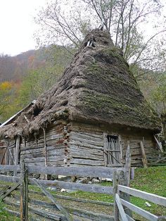 an old log cabin with grass on the roof