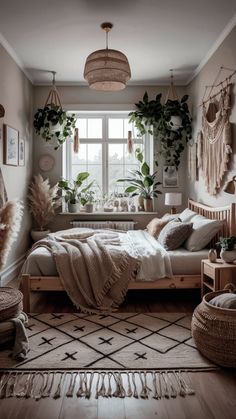 a bedroom with lots of plants in the window and rugs on the floor next to the bed