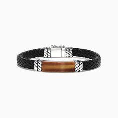 Effy Men's Sterling Silver Leather Tiger's Eye Bracelet, 12.00 TCW Beaded Cuff Bracelet, Mens Bracelet Silver, Jewelry Bracelets Silver, Jewelry Bracelets Gold, Tiger Eye Bracelet, Sterling Bracelets, Black Sapphire, Onyx Bracelet, Braided Leather Bracelet