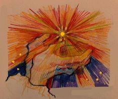 a drawing of a hand reaching for something with bright colored light coming out of it