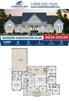 the floor plan for this modern farmhouse house is shown in two different colors and sizes