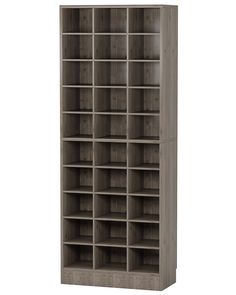 an open bookcase with many compartments on the front and bottom shelves, all in grey wood