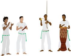 three men are playing musical instruments and one is holding a pole in his hand while the other man holds a drum