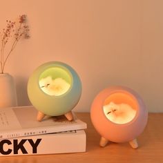 two colorful lights sitting on top of a book next to a vase with flowers in it