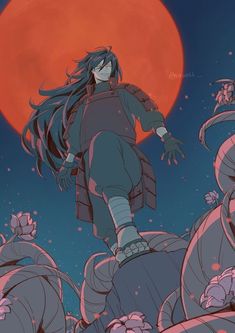 an anime character with long hair standing on top of a rock in front of the moon