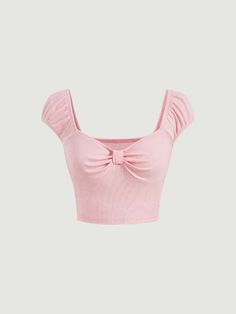 Baby Pink Casual Collar Cap Sleeve Knitted Fabric Plain  Embellished Slight Stretch  Women Tops, Blouses & Tee Cute Pink Shirts, Cute Pink Shirt, Y2k Fashion Street Styles, Baby Pink Top, Light Pink Top, Top Rosa, Pink Shirts, Light Pink Tops, Mode Inspo