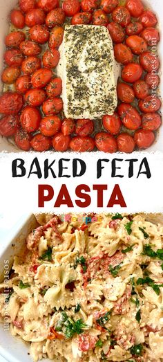 baked feta pasta with tomatoes in the background