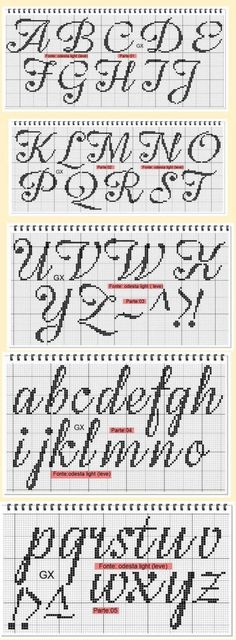 four different types of cross stitch alphabets with numbers and letters in each letter,