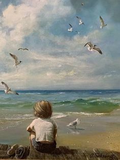 a painting of a boy sitting on a pier looking at the ocean and seagulls