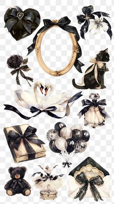 a bunch of different items that are in the shape of a circle, with ribbons and bows on them