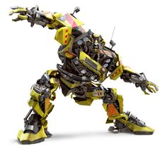 a yellow and black robot that is standing up