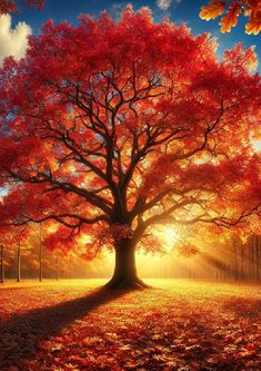 a large tree with red leaves on the ground and sun shining through it's branches