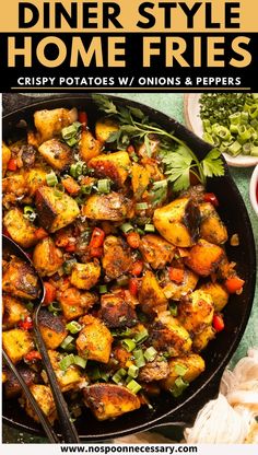 a skillet filled with fried potatoes and vegetables