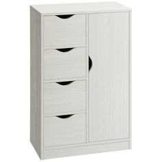 a white cabinet with three drawers and black handles