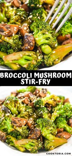 broccoli mushroom stir fry with sesame seeds on top