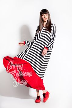 "Lovely Black and White stripes Maxi dress for Spring Summer Collection! Cut from a light viscose fabric , this maxi dress with sleeves feels like a second skin. Very comfy, easy to wear and easy to care, this is a must have garment for Spring Summer! Wear it with elegant sandals , balerinas , flats , platforms , pompom sandals ♥ Fabrication : Stretchy Viscose COLOR : Black and White stripes with red ♥ Length Front : 110 cm / 43.3 \" Length Back : 130 cm / 51 '' Size : Please see the size chart Spring Striped Long Sleeve Maxi Dress, Striped Long Maxi Dress For Summer, Striped Long Sleeve Maxi Dress For Summer, Long Sleeve Striped Maxi Dress For Summer, Flowy Viscose Tunic Dress, Casual Long Striped Dresses, Chic Long Striped Dress, Striped Maxi Sundress, Striped Tunic Dress For Spring