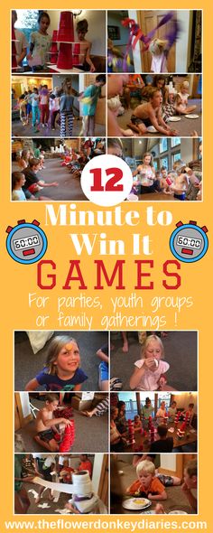 a collage of pictures with the words, 12 minute to win games for families, youth groups or family gatherings