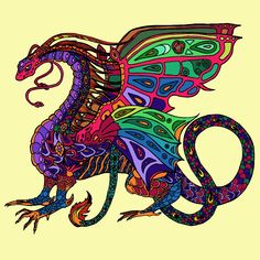 a colorful dragon with intricate patterns on it's body and tail, sitting in front of a yellow background