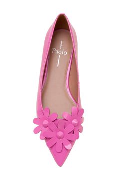 Glossy studs center floral appliqués at the vamp of a sleek leather flat fashioned with a pointy toe for contemporary allure. Cushioned footbed Slip-resistant sole Leather upper/synthetic lining/rubber sole Imported Nature, Fuschia Wedding Shoes, Floral Shoes Outfit, Pink Flats Outfit, Peach Shoes, Nordstrom Women, Funky Shoes, Flower Shoes, Cute Flats