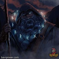 an image of a wizard holding a staff in his hand and looking at the sky