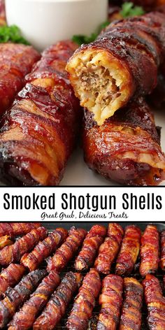 A double collage photo of smoked shotgun shells with the title of the recipe in the center of the two photos. Smoked Shotgun Shells, Grill Foods, Smoked Meat Recipes, Delicious Appetizer Recipes, Stuffed Shells Recipe, Best Appetizer Recipes