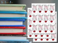 a stack of books with red apples on them and thank you for all that you do stickers