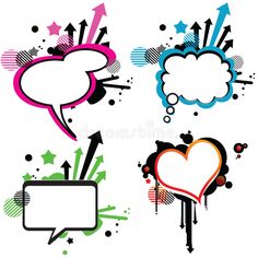 four different speech bubbles with arrows and stars on them royalty illustration for advertising or web design