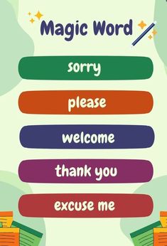 the words are in different colors and font on this poster, which reads'magic word sorry please welcome thank you execute me