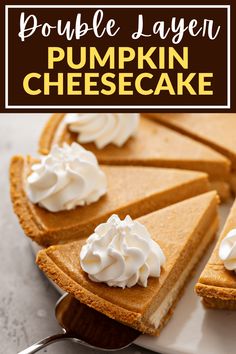 a pumpkin cheesecake with whipped cream on top is cut into slices and sits on a white plate