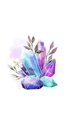 an artistic painting with crystals and leaves