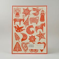 an orange and white greeting card with christmas decorations on it, featuring birds, stars, and sheeps