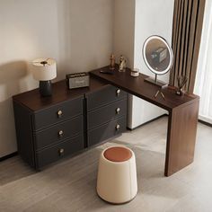 a desk with drawers and a mirror on it