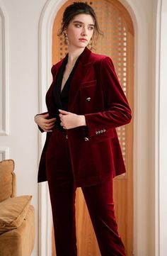 Red Velvet Suit, Suits Business, Velvet Suit Design, Velvet Pant, Women Suits, Womens Suits Business, Velvet Suit, Rich Burgundy, Velvet Trousers