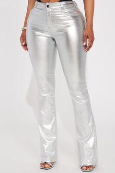 Available In Pink And Silver. Flare Pant High Rise Button & Zipper Closure Metallic Coated Faux Leather Stretch 76% Rayon 21% Nylon 3% Spandex Imported | Behind The Flash Metallic Flare Pant in Silver size Medium by Fashion Nova Silver Pants, Fly Outfit, Flare Pant, Bootcut Jean, Fashion Nova Pants, Cute Simple Outfits, Silver Foil, Shine Bright