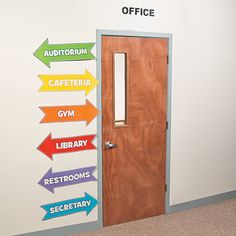 an office door with directional signs pointing to different locations on the front and back doors