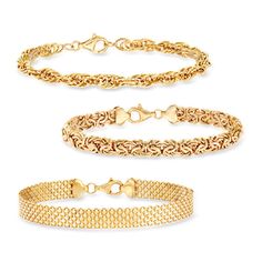 three gold bracelets on white background