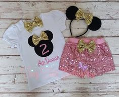 two minnie mouse shirts and pink shorts with gold sequins