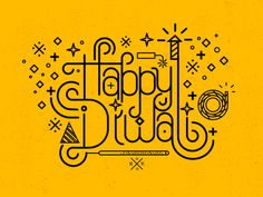 the words happy diwal written in black ink on a yellow background with decorative elements