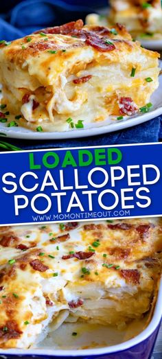 loaded scalloped potatoes with bacon and cheese in a casserole dish