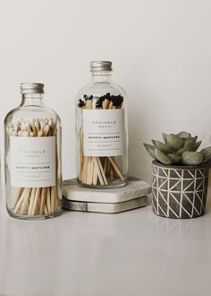 two glass bottles filled with matches next to a potted succulent on top of a table