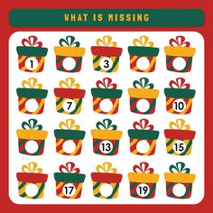 a christmas themed counting game with numbers and gifts on it's sides, including the number