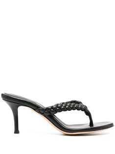 Black leather braided thong sandals from GIANVITO ROSSI featuring braided strap, thong style, slip-on style, branded insole and stiletto heel. Heel Collection, Feminine Shoes, Food Babe, On Logo, Leather Thong Sandals, Cute Nike Shoes, Strap Wedge