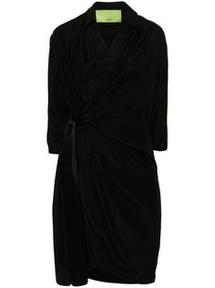 black silk wrap design draped detailing classic collar V-neck three-quarter length sleeves elasticated waistband asymmetric hem Wrap Dress Black, Silk Wrap Dress, Silk Wrap Dresses, Versace Outfit, Yoko London, Black Wrap Dress, Silk Wrap, Coat Dress, Black Silk