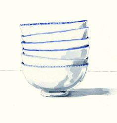 a drawing of a stack of white bowls