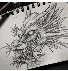 a pencil drawing of a dragon head with sharp teeth and large fangs on it's face