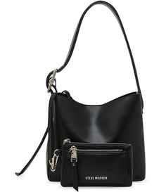 From Steve Madden&#x2C; the Blisaa Small Bucket Bag features:Faux LeatherPU Exterior16-drop shoulder strapMagnetic snap closureInterior removable pouchInterior pouch features 2 metal zipper pocketsApprox. 8.5 L x 4 D x 8 HImported. Everyday Black Bucket-shape Satchel, Black Bucket Shoulder Bag With Metal Hardware, Black Bucket Satchel With Gold-tone Hardware, Chic Black Bucket Bag With Silver-tone Hardware, Black Bucket Shoulder Bag With Silver-tone Hardware, Small Buckets, Drop Shoulder, Steve Madden, Bucket Bag