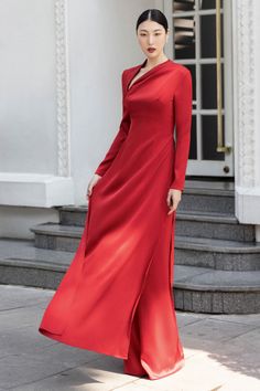 Graceful A-line Asymmetric Neck Silk Floor Length Ao Dai | MEAN BLVD So Dai, Ao Dai Red, Triangle Outfits, Red Ao Dai, Ao Dai Vietnamese, Inverted Triangle Outfits, Modern Ao Dai, Vietnamese Style, Vietnamese Ao Dai