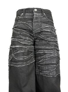 Entirely handcrafted from rich black denim, the Crude Baggy jeans are defined by their wide, straight cut. Featuring patchwork on the upper portion, with overlapping hems and impeccably finished edges, this piece is a striking array of distinctive and varied textures. Created within the hallowed walls of our Parisian atelier, every individual pair is wholly uique, as it is a testament to the artisanal nature of our product. Every piece is meticulously made to order, exclusively for you, and is u Patchwork Baggy Jeans, Velvet Shorts, Vanuatu, Denim Pant, Baggy Jeans, Fashion Sewing, Straight Cut, Black Denim, Gq